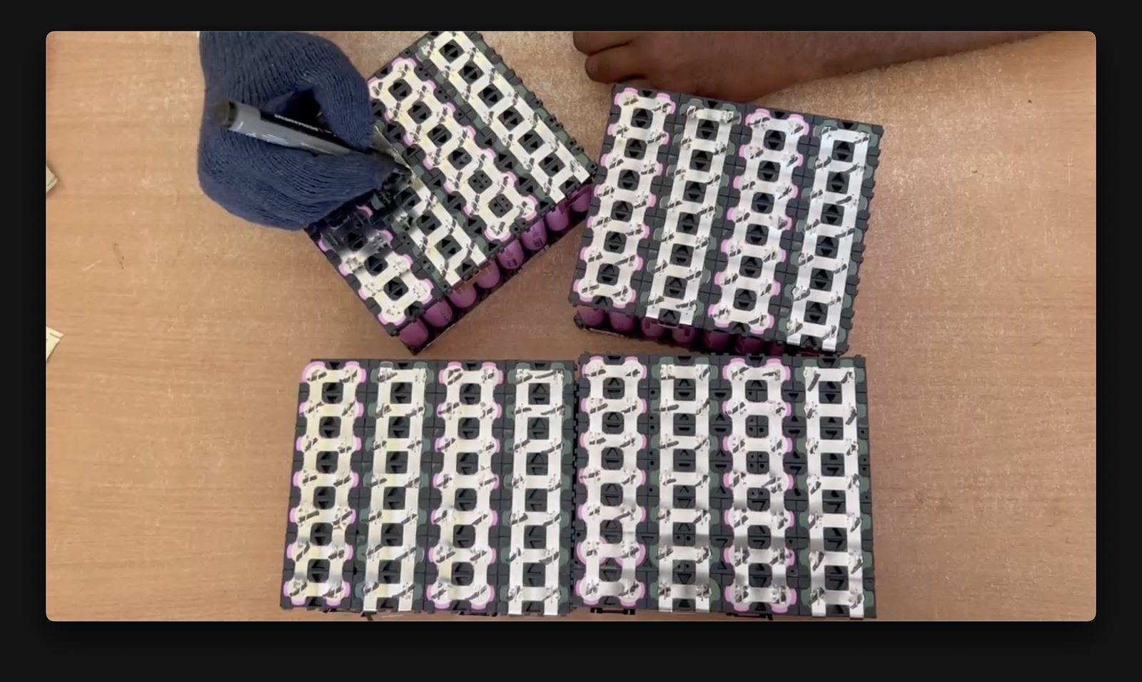 Lithium-ion 18650 cell packs being assembled for a battery pack